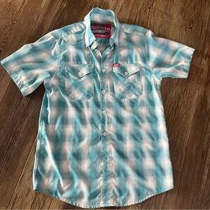 DIXXON flannel company FRIA teal plaid bamboo blend button up Mens shirt SMALL